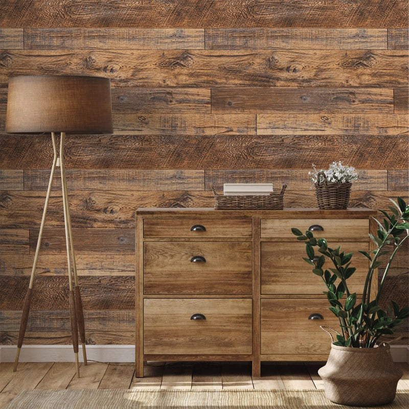 TANONE Wood Contact Paper Kitchen Peel and Stick Wallpaper, Self Adhesive Removable Wallpaper Countertops Waterproof, Shiplap Wall Paper Wood Vinyl Wrap for Cabinets Rustic Brown 17.5" X 118.1" - Image 2